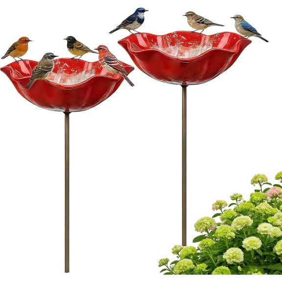 Handmade Metal Flower Garden Stake, 2 Pack Red Glass Bird Baths with Flower Design, Decorative Outdoor Bird and Bee Watering Station for Yard, Patio & Lawn, Attract Hummingbirds & Wild Birds & Bee