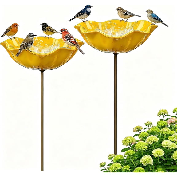 Handmade Metal Flower Garden Stake, 2 Pack Yellow Glass Bird Baths with Flower Design, Decorative Outdoor Bird and Bee Watering Station for Yard, Patio & Lawn, Attract Hummingbirds & Wild Birds & Bee
