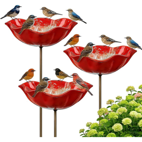 Handmade Metal Flower Garden Stake, 3 Pack Red Glass Bird Baths with Flower Design, Decorative Outdoor Bird and Bee Watering Station for Yard, Patio & Lawn, Attract Hummingbirds & Wild Birds & Bee