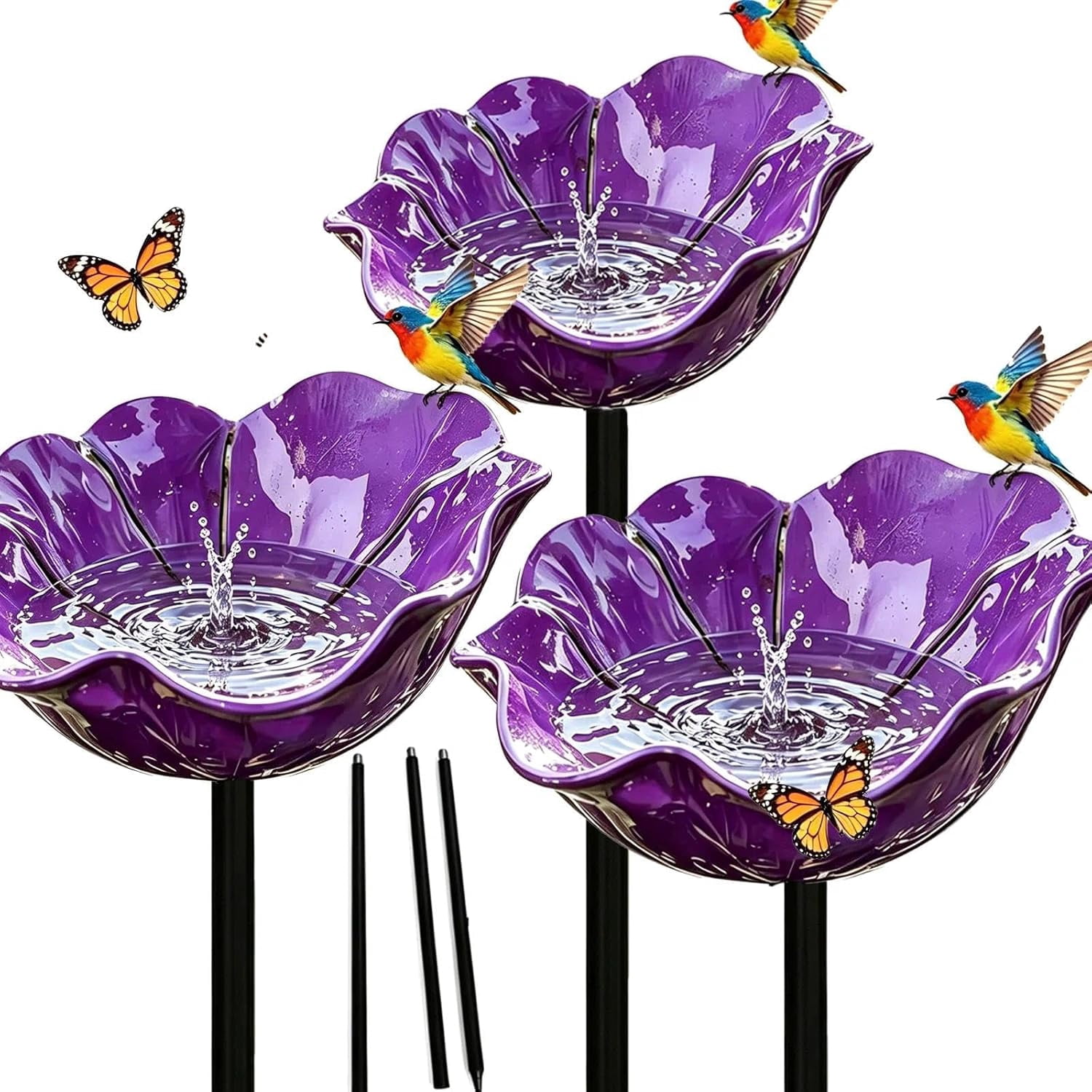 Handmade Metal Flower Garden Stake with Bee Bath & Bird Bath & Colorful Butterfly Bowl Decorative Outdoor Yard Art, with Flower Design, Yard Decor Butterfly Pollinator Watering Station (Purple, 3)