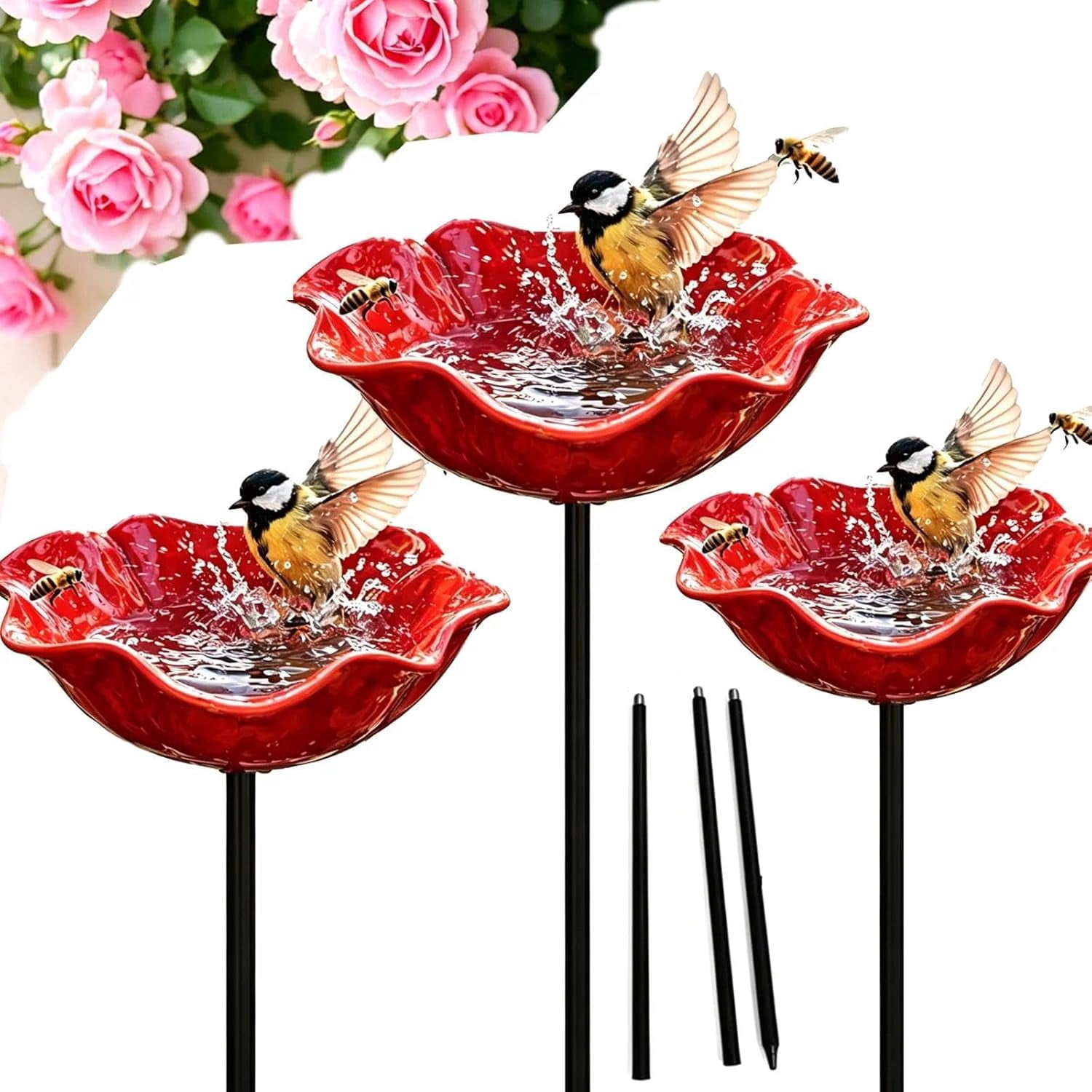 Handmade Metal Flower Garden Stake with Bee Bath & Bird Bath & Colorful Butterfly Bowl Decorative Outdoor Yard Art, with Flower Design, Yard Decor Butterfly Pollinator Watering Station (Red, 3)