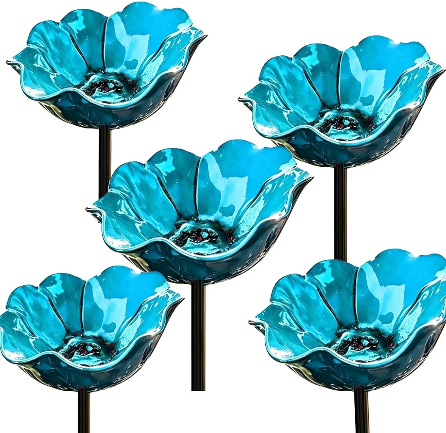 Handmade Metal Flower Garden Stake with Bee Bath & Bird Bath & Colorful Butterfly Bowl Decorative Outdoor Yard Art, with Flower Design, Yard Decor Butterfly Pollinator Watering Station (Blue, 5)