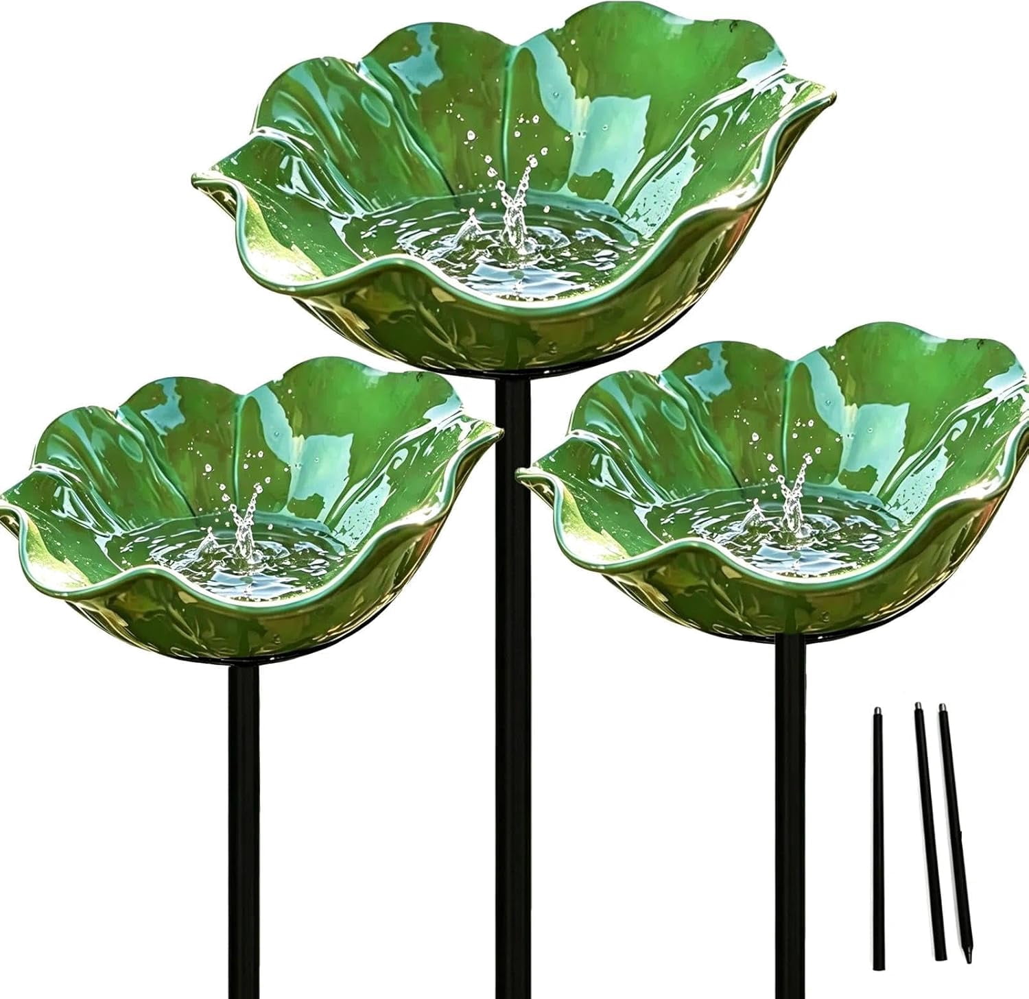 Handmade Metal Flower Garden Stake with Bee Bath & Bird Bath & Colorful Butterfly Bowl Decorative Outdoor Yard Art, with Flower Design, Yard Decor Butterfly Pollinator Watering Station (Green, 3)