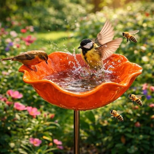 Handmade Metal Flower Garden Stake with Bee Bath & Bird Water Bowl  2026 New Decorative Outdoor Yard Art, Butterfly & Pollinator Watering Station, Weather-Resistant Garden Decor Gift