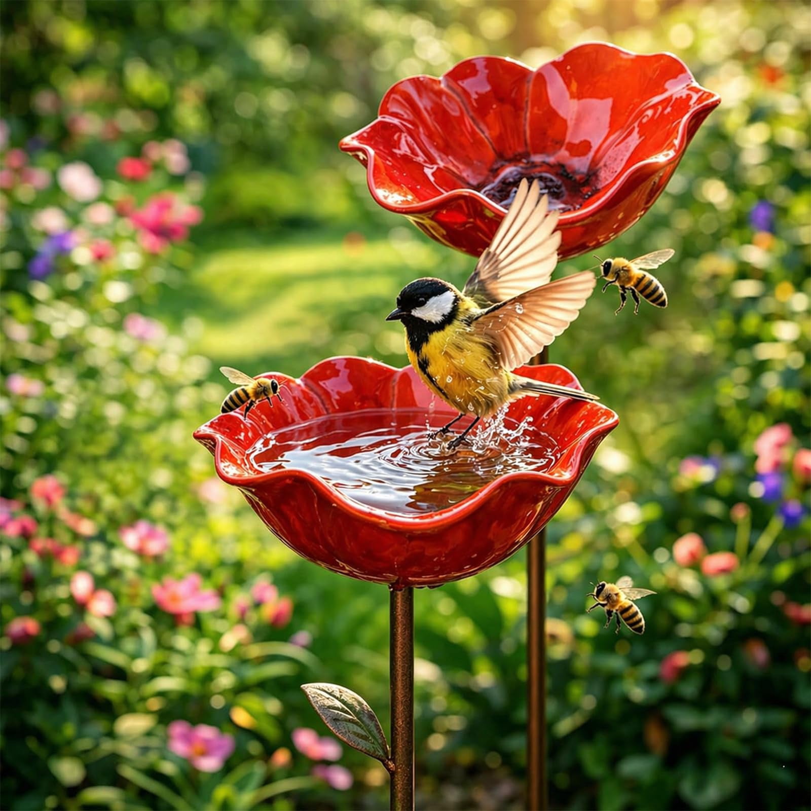 Handmade Metal Flower Garden Stake with Bee Bath & Bird Water Bowl  2026 New Decorative Outdoor Yard Art, Butterfly & Pollinator Watering Station, Weather-Resistant Garden Decor Gift