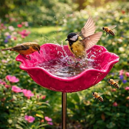 Handmade Metal Flower Garden Stake with Bee Bath & Bird Water Bowl  2026 New Decorative Outdoor Yard Art, Butterfly & Pollinator Watering Station, Weather-Resistant Garden Decor Gift