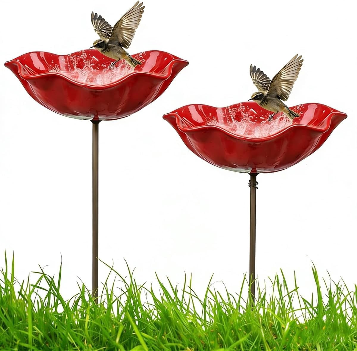 Handmade Metal Flower Garden Stake, with Bee Bath & Bird Water Bowl Decorative Outdoor Yard Art, Butterfly & Pollinator Watering Station, Weather-Resistant Decor Gift