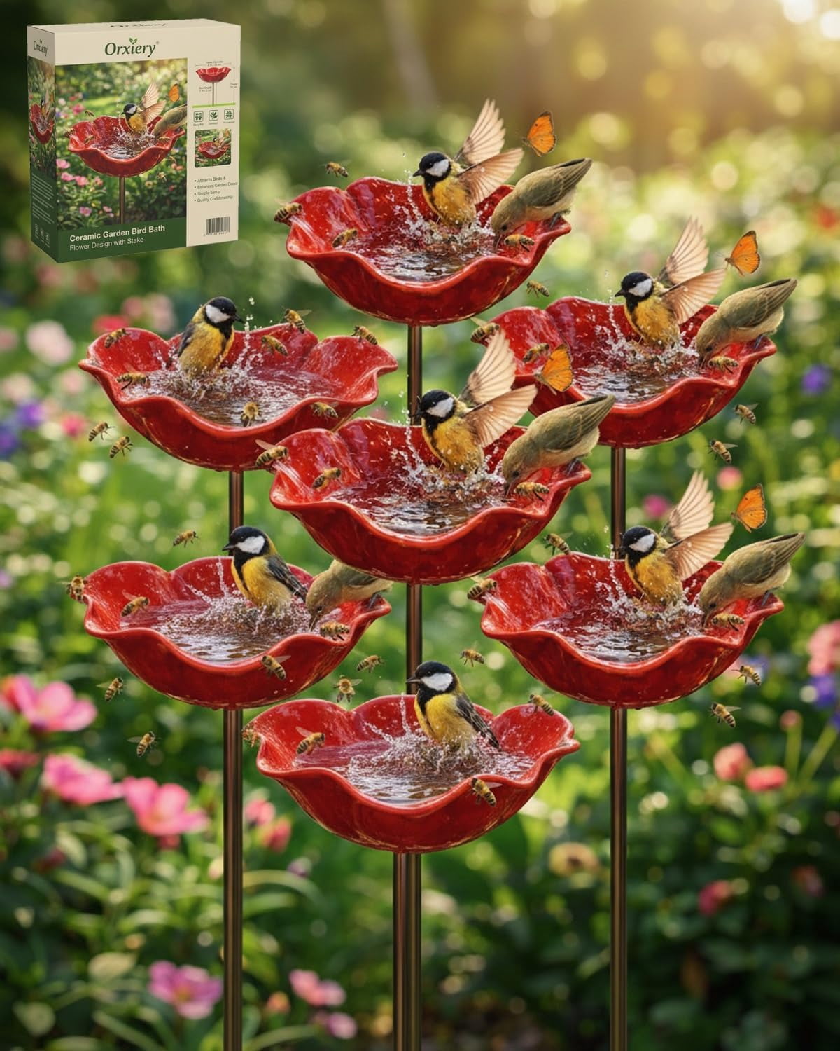Handmade Metal Flower Garden Stake with Bee Bath & Bird Water Bowl – Decorative Outdoor Yard Art, Butterfly & Pollinator Watering Station, Weather-Resistant Garden Decor Gift(7pcs)