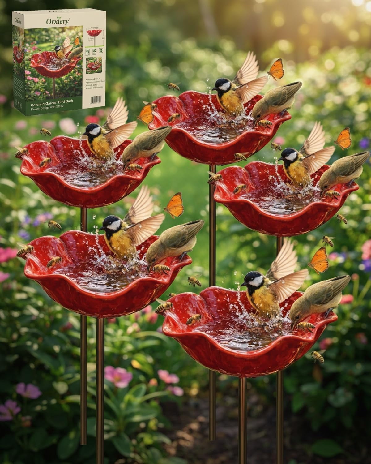 Handmade Metal Flower Garden Stake with Bee Bath & Bird Water Bowl – Decorative Outdoor Yard Art, Butterfly & Pollinator Watering Station, Weather-Resistant Garden Decor Gift(5pcs)
