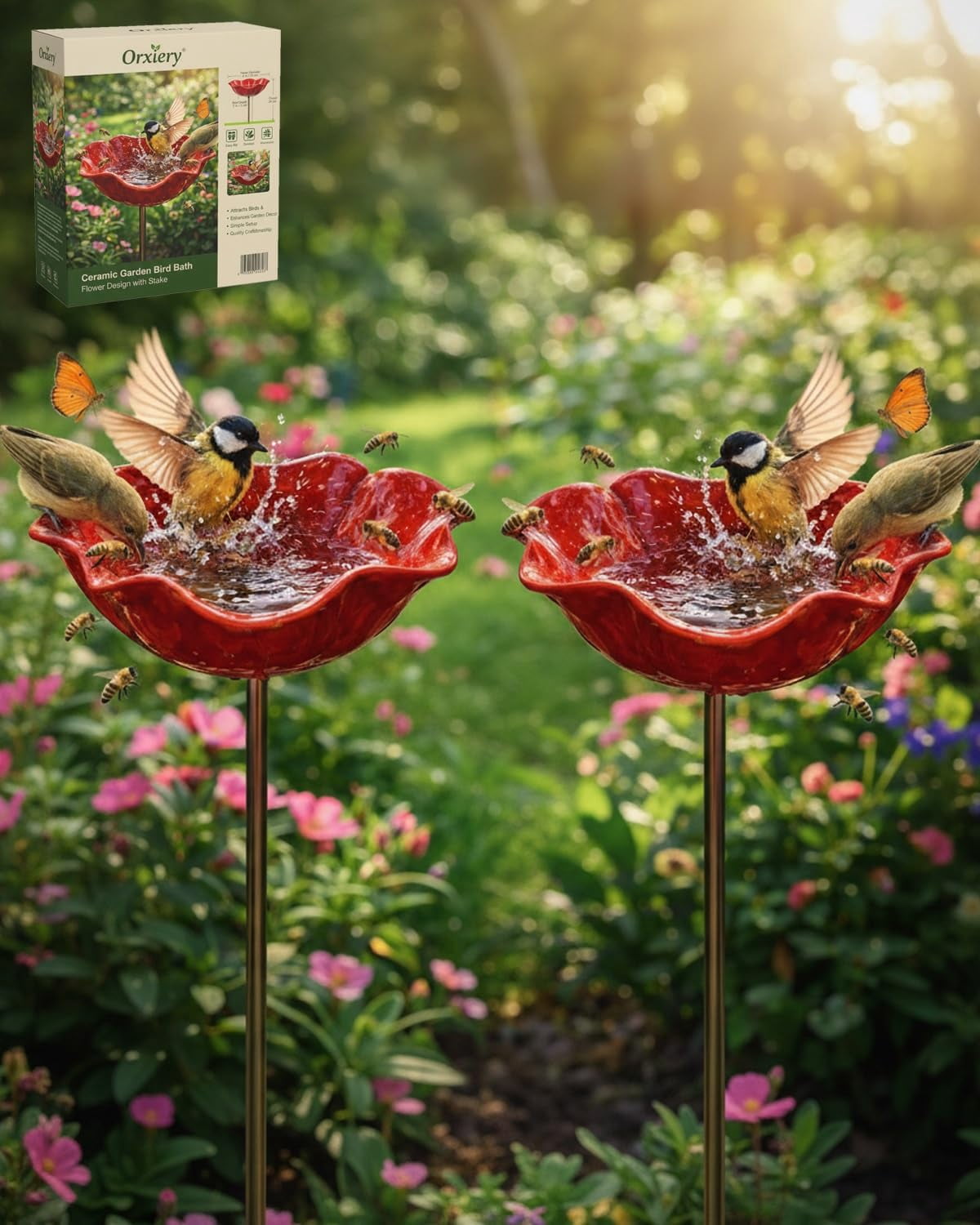 Handmade Metal Flower Garden Stake with Bee Bath & Bird Water Bowl – Decorative Outdoor Yard Art, Butterfly & Pollinator Watering Station, Weather-Resistant Garden Decor Gift