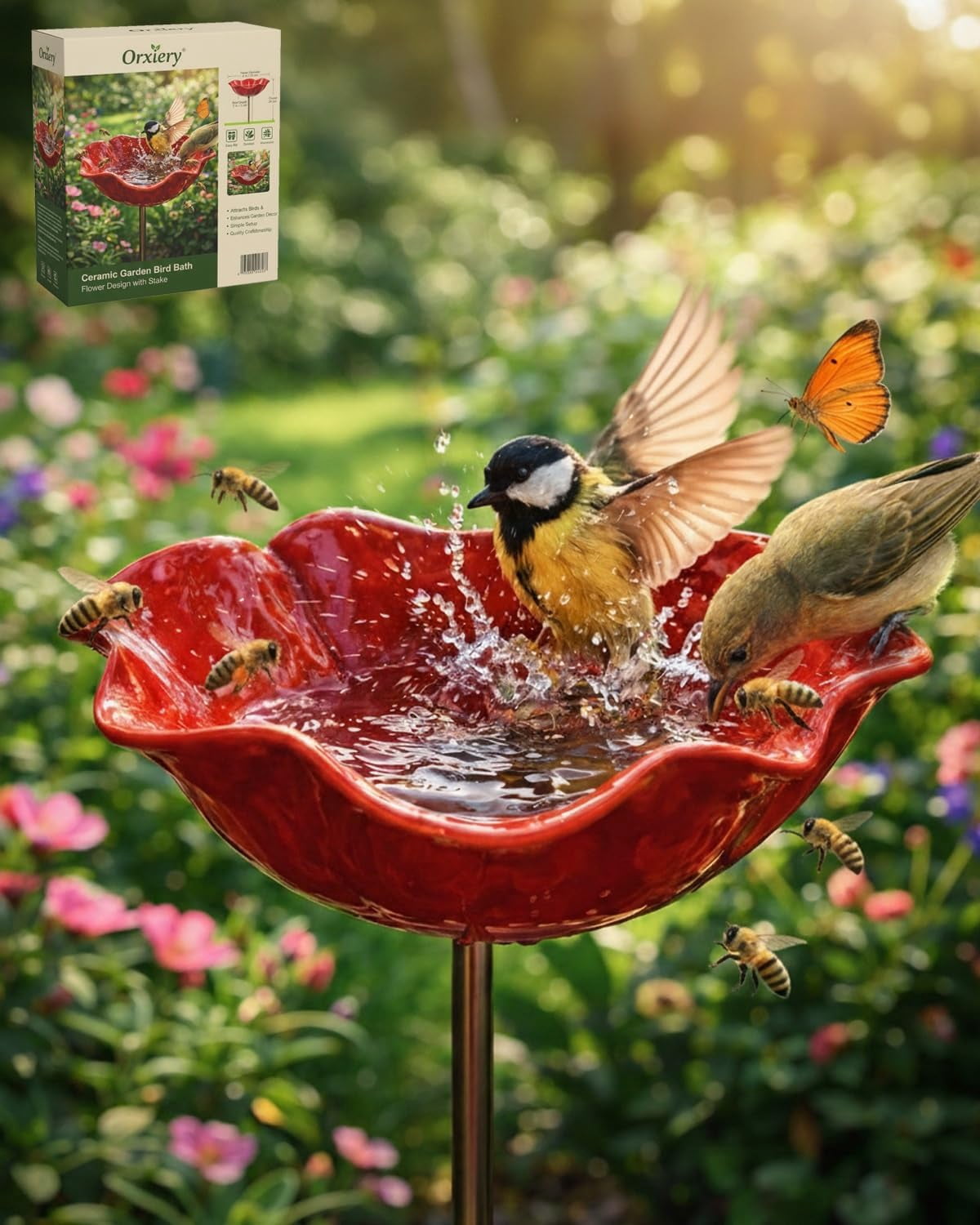 Handmade Metal Flower Garden Stake with Bee Bath & Bird Water Bowl – Decorative Outdoor Yard Art, Butterfly & Pollinator Watering Station, Weather-Resistant Garden Decor Gift(1pc)