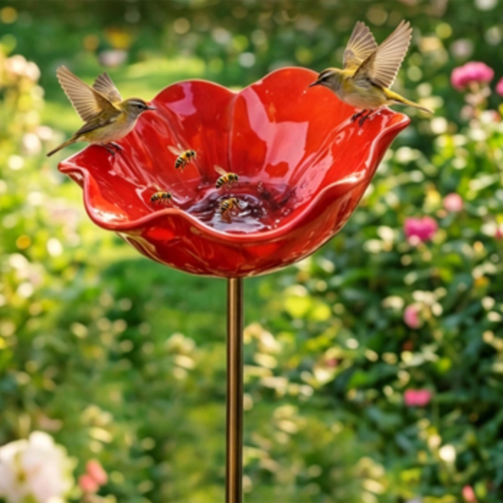 Handmade Metal Flower Garden Stake with Bee Bath & Bird Water Bowl  Decorative Outdoor Yard Art, Pollinator Watering Station, Weather-Resistant Garden Decor Gift for Bird Lovers