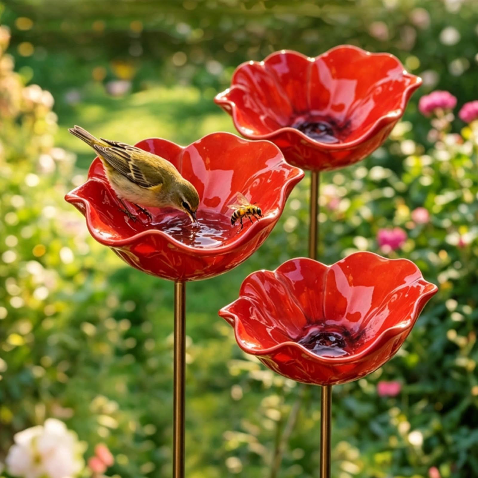 Handmade Metal Flower Garden Stake with Bee Bath & Bird Water Bowl  Decorative Outdoor Yard Art, Pollinator Watering Station, Weather-Resistant Garden Decor Gift for Bird Lovers