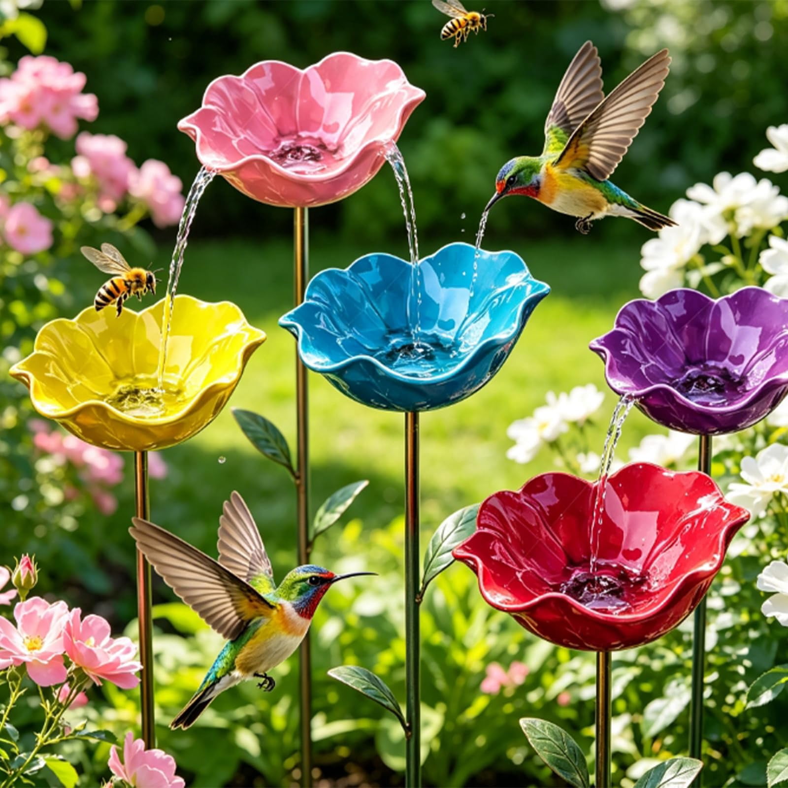 Handmade Metal Flower Garden Stake with Bee Bath & Bird Water Bowl  Decorative Outdoor Yard Art, Pollinator Watering Station, Weather-Resistant Garden Decor Gift for Bird Lovers