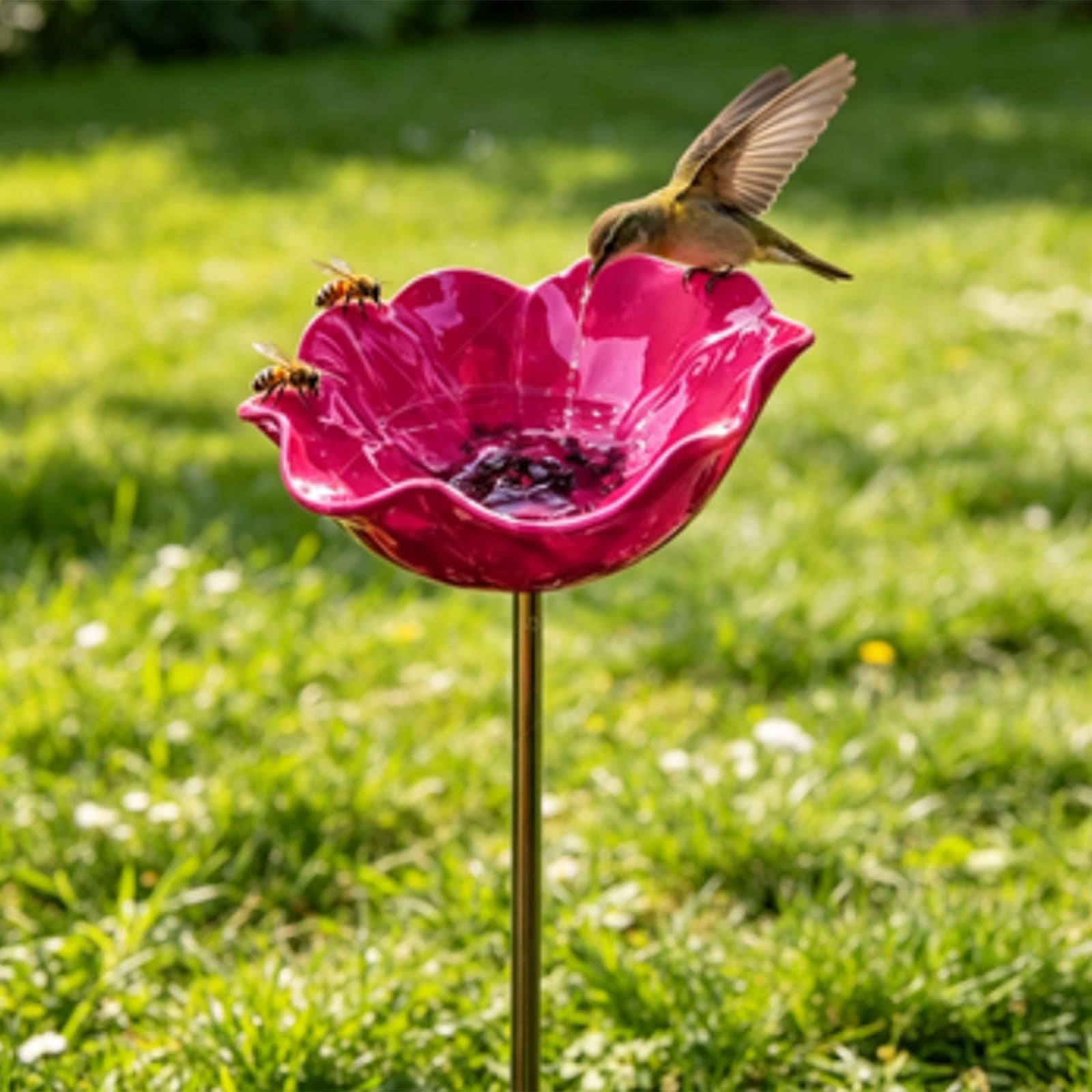 Handmade Metal Flower Garden Stake with Bee Bath & Bird Water Bowl  Decorative Outdoor Yard Art, Pollinator Watering Station, Weather-Resistant Garden Decor Gift for Bird Lovers