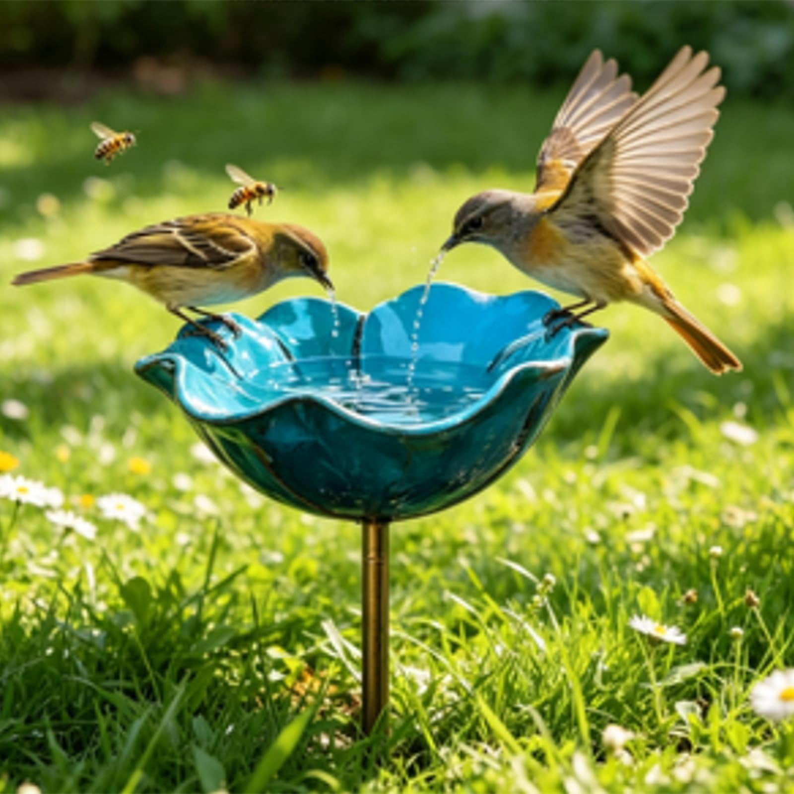 Handmade Metal Flower Garden Stake with Bee Bath & Bird Water Bowl  Decorative Outdoor Yard Art, Pollinator Watering Station, Weather-Resistant Garden Decor Gift for Bird Lovers