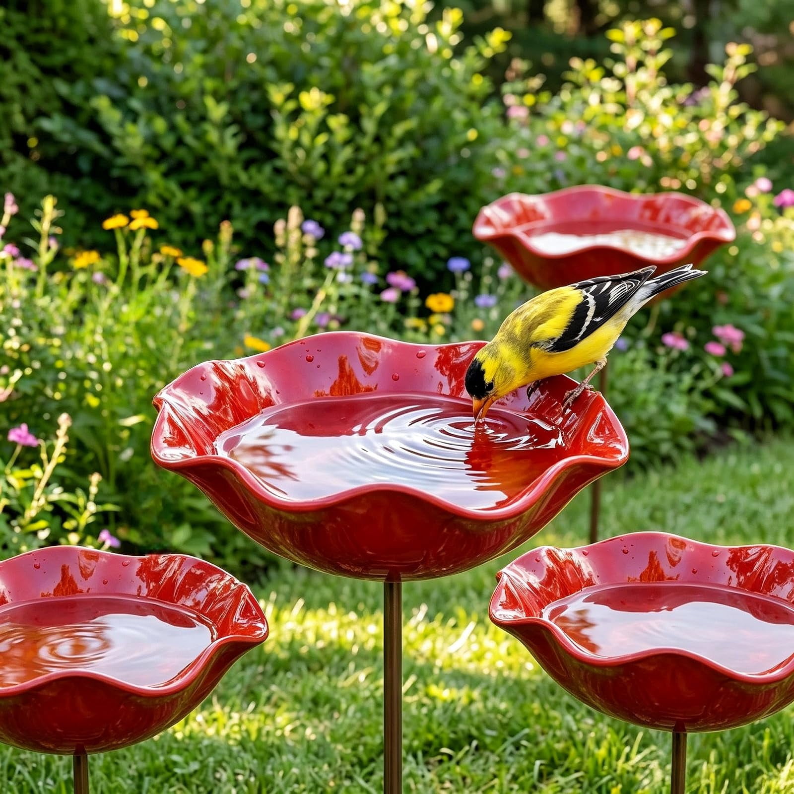 Handmade Metal Flower Garden Stake, Bee Bath & Bird Water Feeder, Shallow Basin Design, Colorful Bee Bath Bowl for Outdoor Yard Patio Garden Ornament