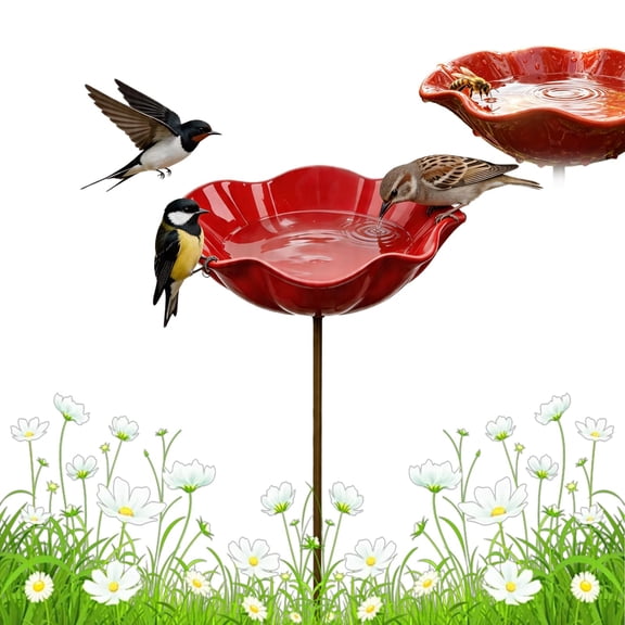 Handmade Metal Flower Garden Stake with Bee Bath & Bird Water, Pollinator Friendly Bowl, Tool Free Assembly for Pollinators, Yard Art Decorative Insert Attracting Wildlife