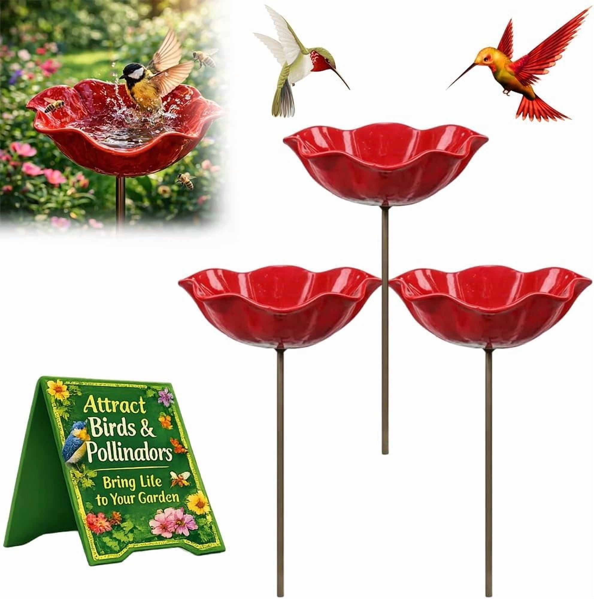 Handmade Metal Flower Garden Stake, Bee Watering Station, Outdoor Bird Bath for Bees Butterflies Hummingbirds Pollinator Friendly Yard Decor Backyard Shallow Basin Patio Ornament(3Pcs)