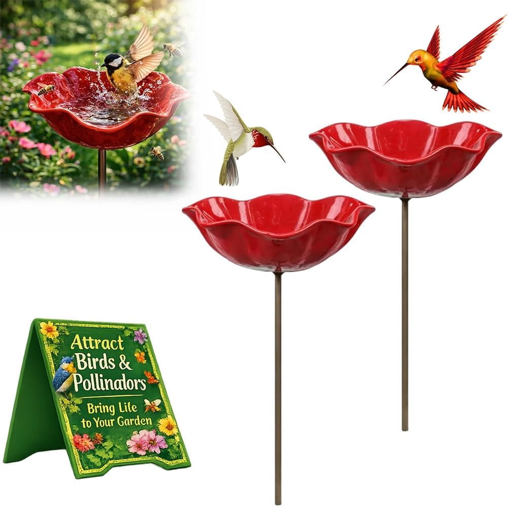 Handmade Metal Flower Garden Stake, Bee Watering Station, Outdoor Bird Bath for Bees Butterflies Hummingbirds Pollinator Friendly Yard Decor Backyard Shallow Basin Patio Ornament(2Pcs)