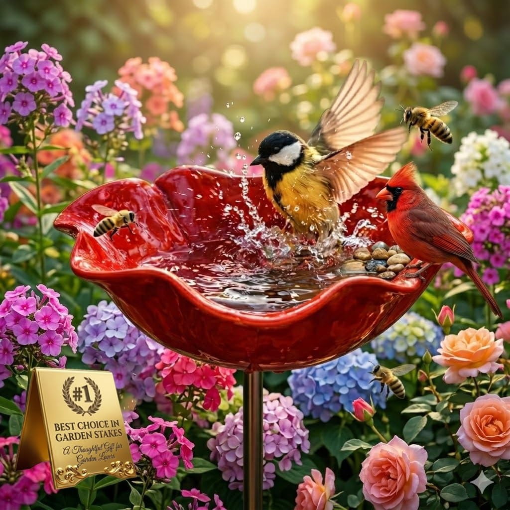 Handmade Metal Flower Garden Stake, Bird Bath Bowl and Bee Butterfly Watering Station for Outdoors, Hummingbird Bath Water Fountain Feeder Garden Yard Lawn Outside Decor