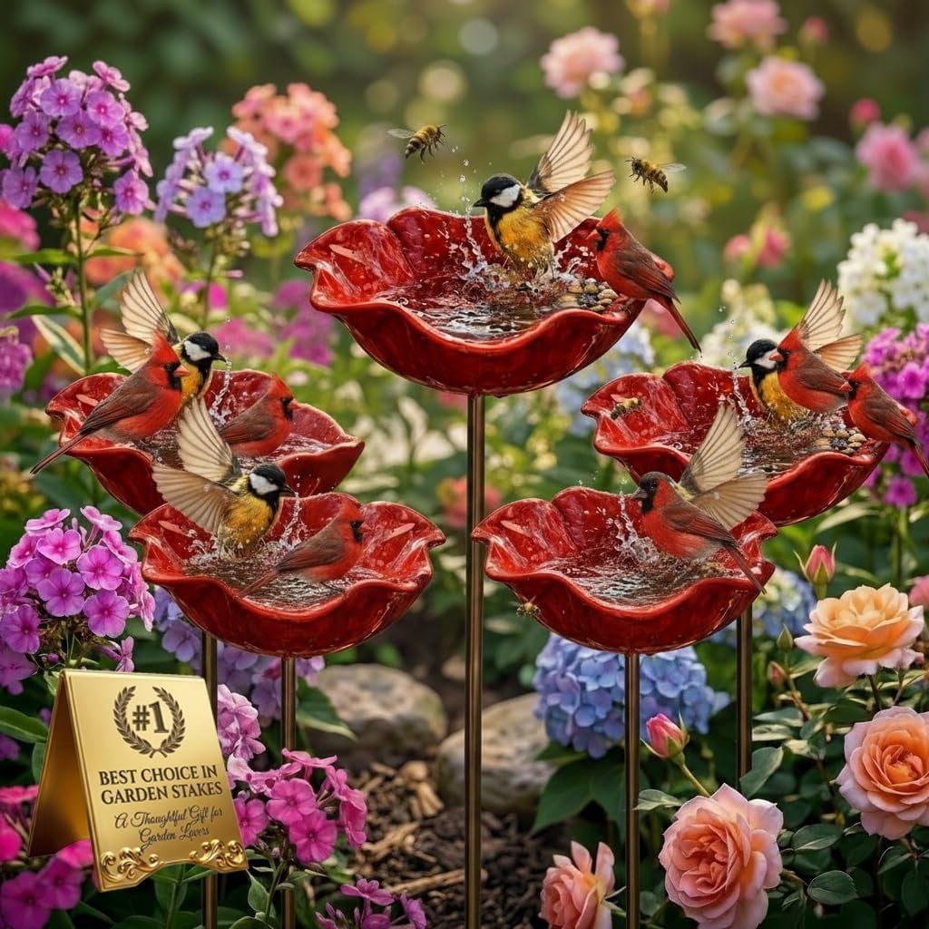 Handmade Metal Flower Garden Stake, Bird Bath Bowl and Bee Butterfly Watering Station for Outdoors, Hummingbird Bath Water Fountain Feeder Garden Yard Lawn Outside Decor