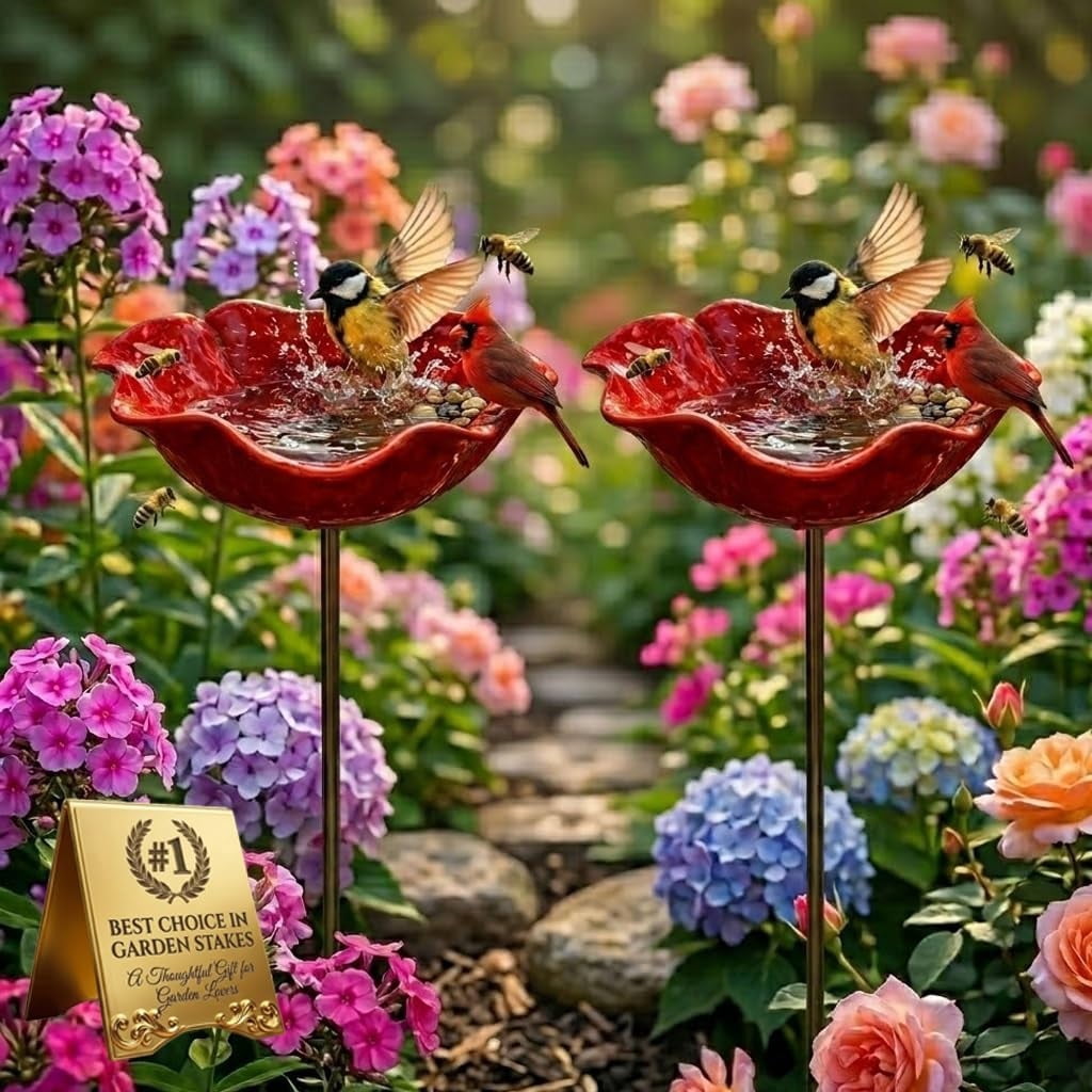 Handmade Metal Flower Garden Stake,Bird Bath Bowl and Bee Butterfly Watering Station Outdoors, Hummingbird Bath Water Fountain Feeder Garden Yard Lawn
