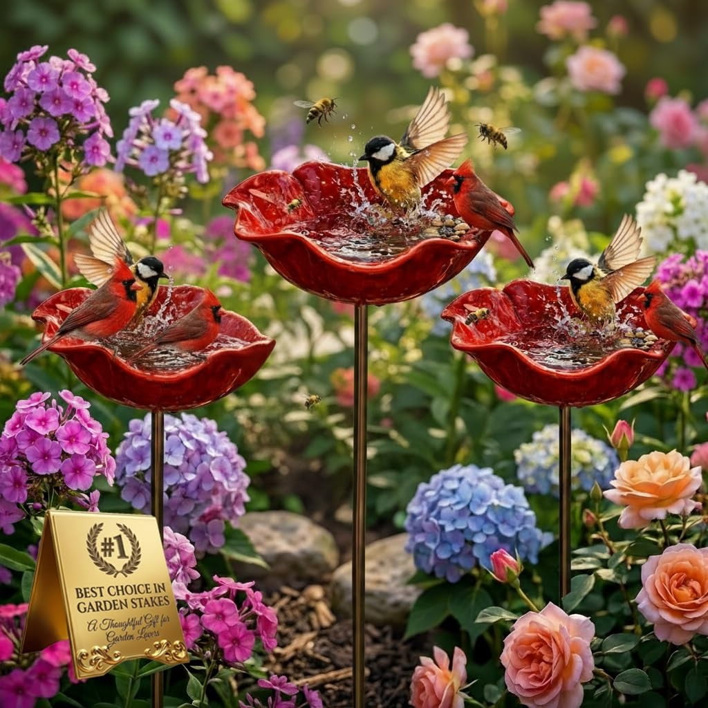Handmade Metal Flower Garden Stake, Bird Bath Bowl and Bee Butterfly Watering Station for Outdoors, Hummingbird Bath Water Fountain Feeder Garden Yard Lawn Outside Decor