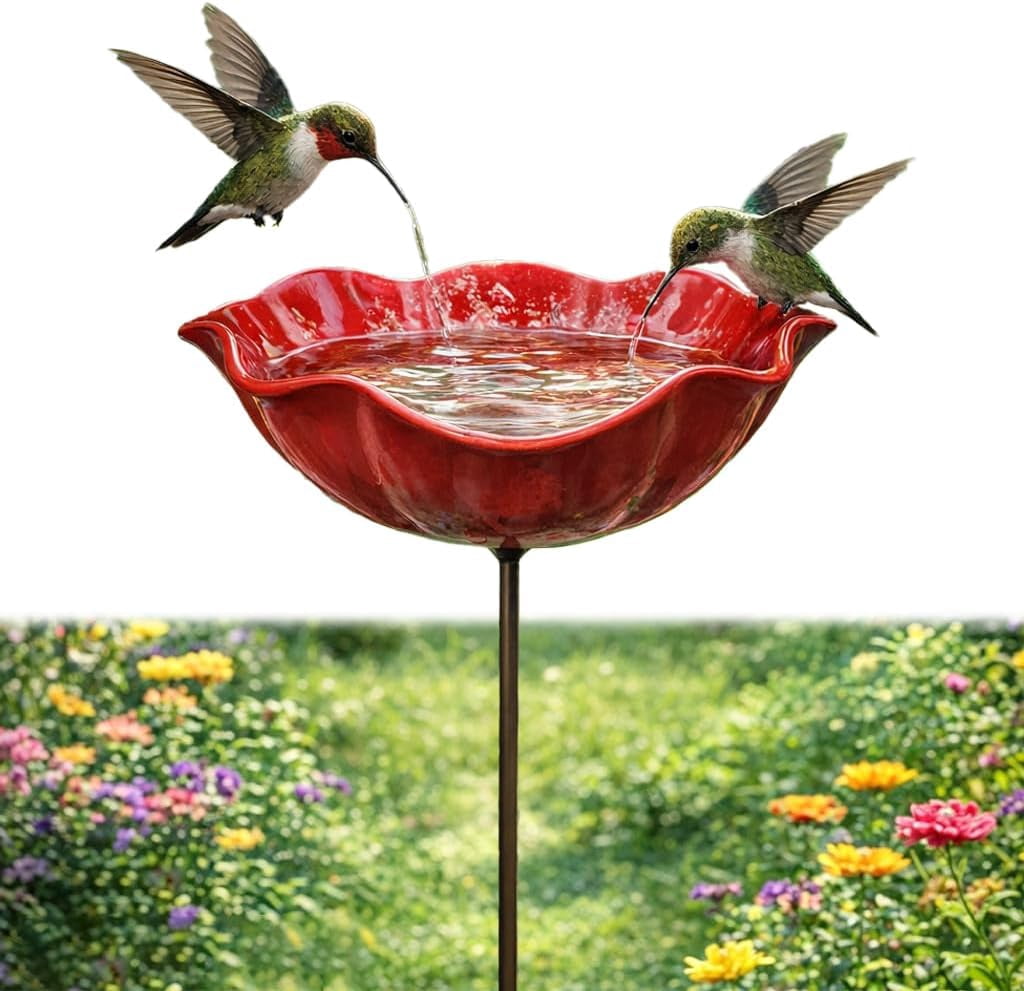 Handmade Metal Flower Garden Stake Bird Bath – Mini Bird Bath & Pollinator Water Station for Outdoor Yard Decor (Red,1)