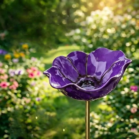 Handmade Metal Flower Garden Stake Bird Bath，Mini Bird Baths for Outsides，Flower Birds Bath，Bee Water Feeder with Flowers for Outdoor Yard Art Decoration Garden Decor Gift (Purple)