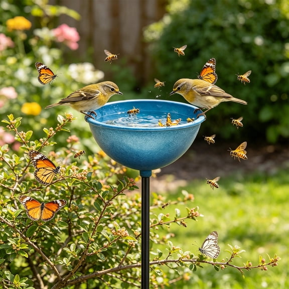 Handmade Metal Flower Garden Stake with Bird Bath and Pollinator Watering Station, Colorful Outdoor Yard Art for Butterflies Birds, Rust Resistant Ground Stake for Garden Decor and Wildlife Habitat