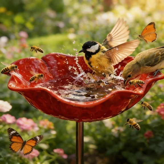 Handmade Metal Flower Garden Stake with Bird Bath & pollinator Water Station, Bee Bath for Garden Metal Bee Water Feeder with Flower Design for Outdoor Yard Decor (1 PC)