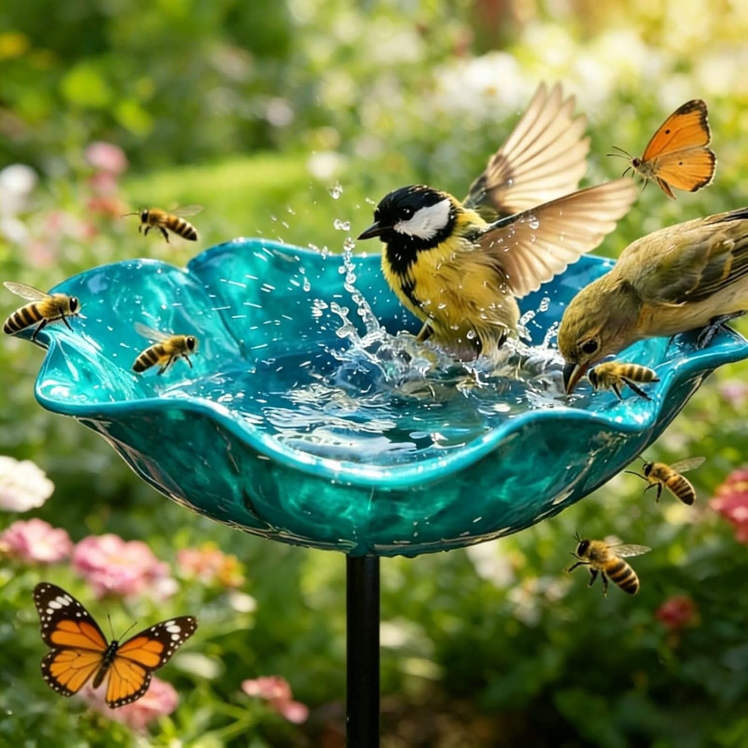 Handmade Metal Flower Garden Stake with Bird Bath & pollinator Water Station, Bee Bath for Garden Metal Bee Water Feeder with Flower Design for Outdoor Yard Decor (Blue)