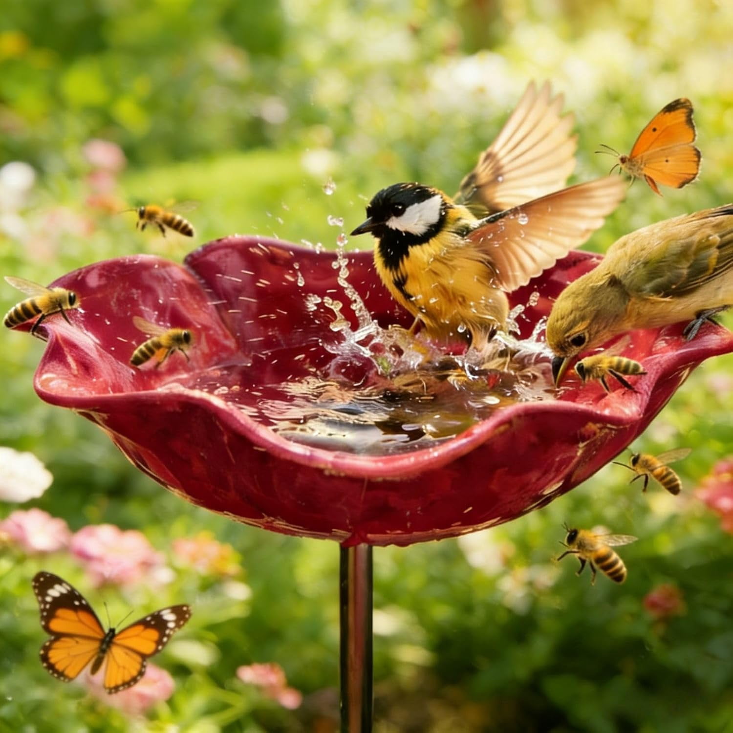 Handmade Metal Flower Garden Stake with Bird Bath & pollinator Water Station, Bee Bath for Garden Metal Bee Water Feeder with Flower Design for Outdoor Yard Decor (Pink)