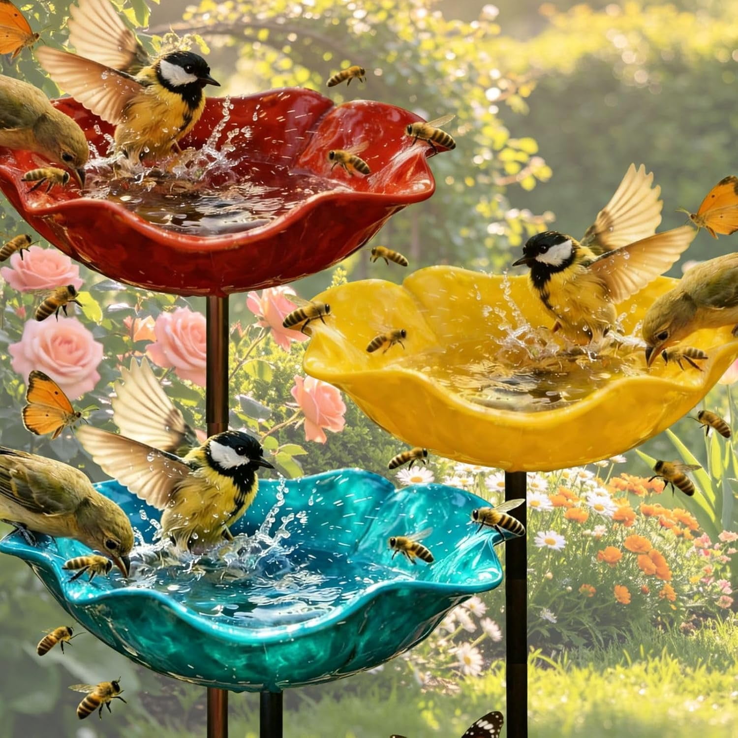 Handmade Metal Flower Garden Stake with Bird Bath & pollinator Water Station, Bee Bath for Garden Metal Bee Water Feeder with Flower Design for Outdoor Yard Decor (Red + Yellow + Blue)
