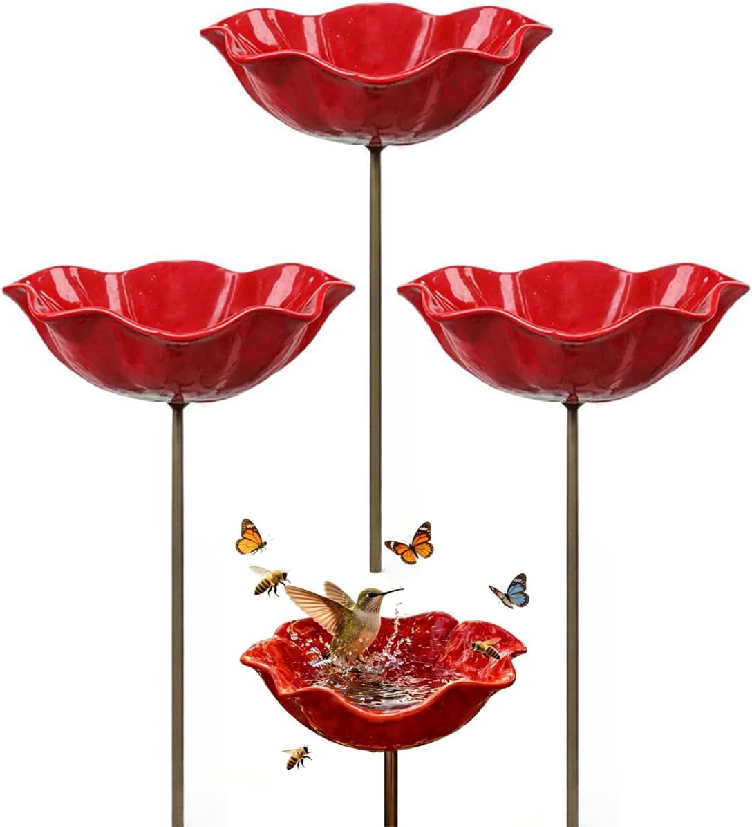 Handmade Metal Flower Garden Stake, Handmade Metal Flower Bird Bath & Pollinator Water Station, Colorful Bee/Butterfly/Bird Watering Station for Garden (3Pcs)