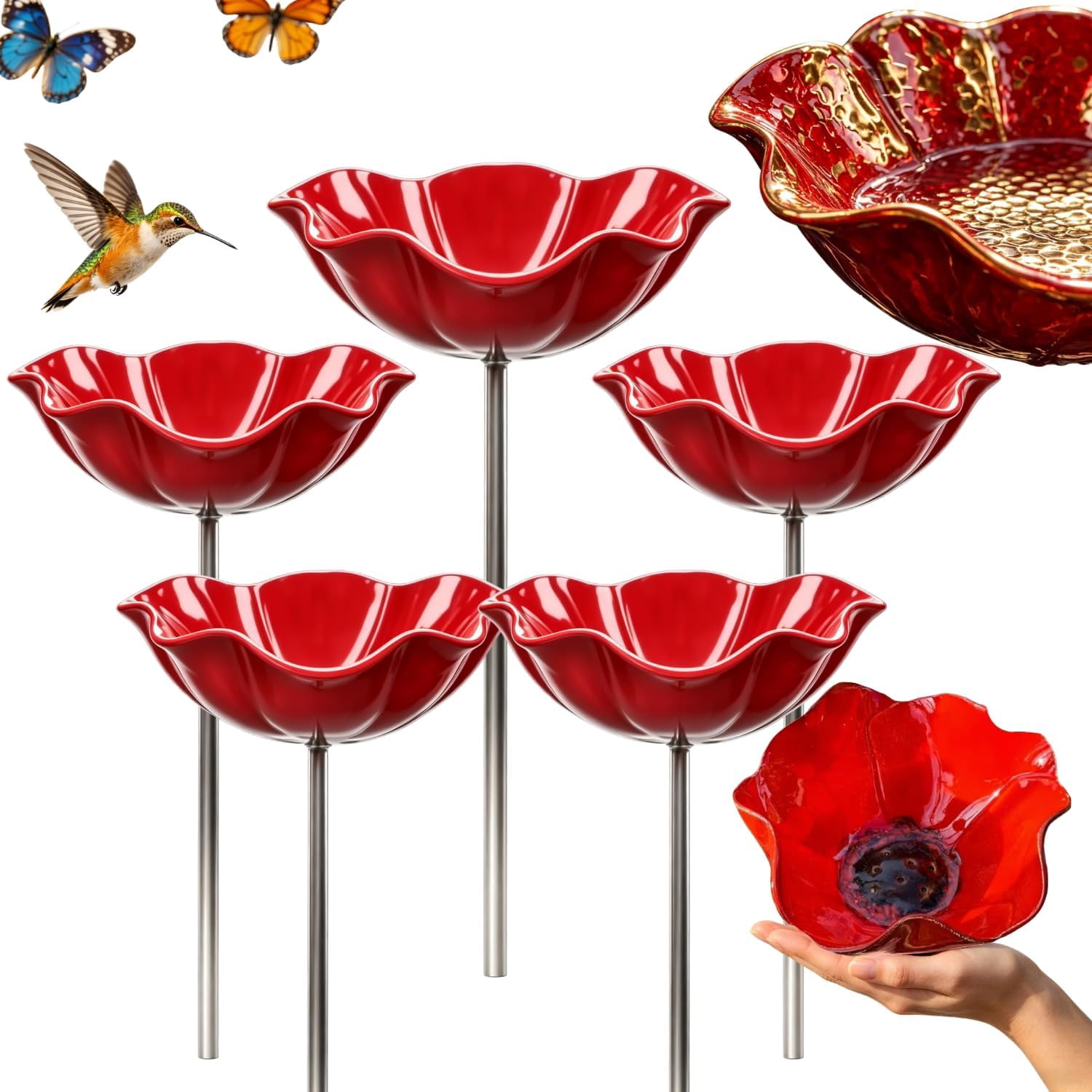 Handmade Metal Flower Garden Stake, Mini Bird Bath on Flowers Stakes for Outside, Metal Grace Yard Small Flower Bird Bath & Water Feeder Station Outdoors for Tiny Butterflies, Bees ＆ Birds (3 PCS)