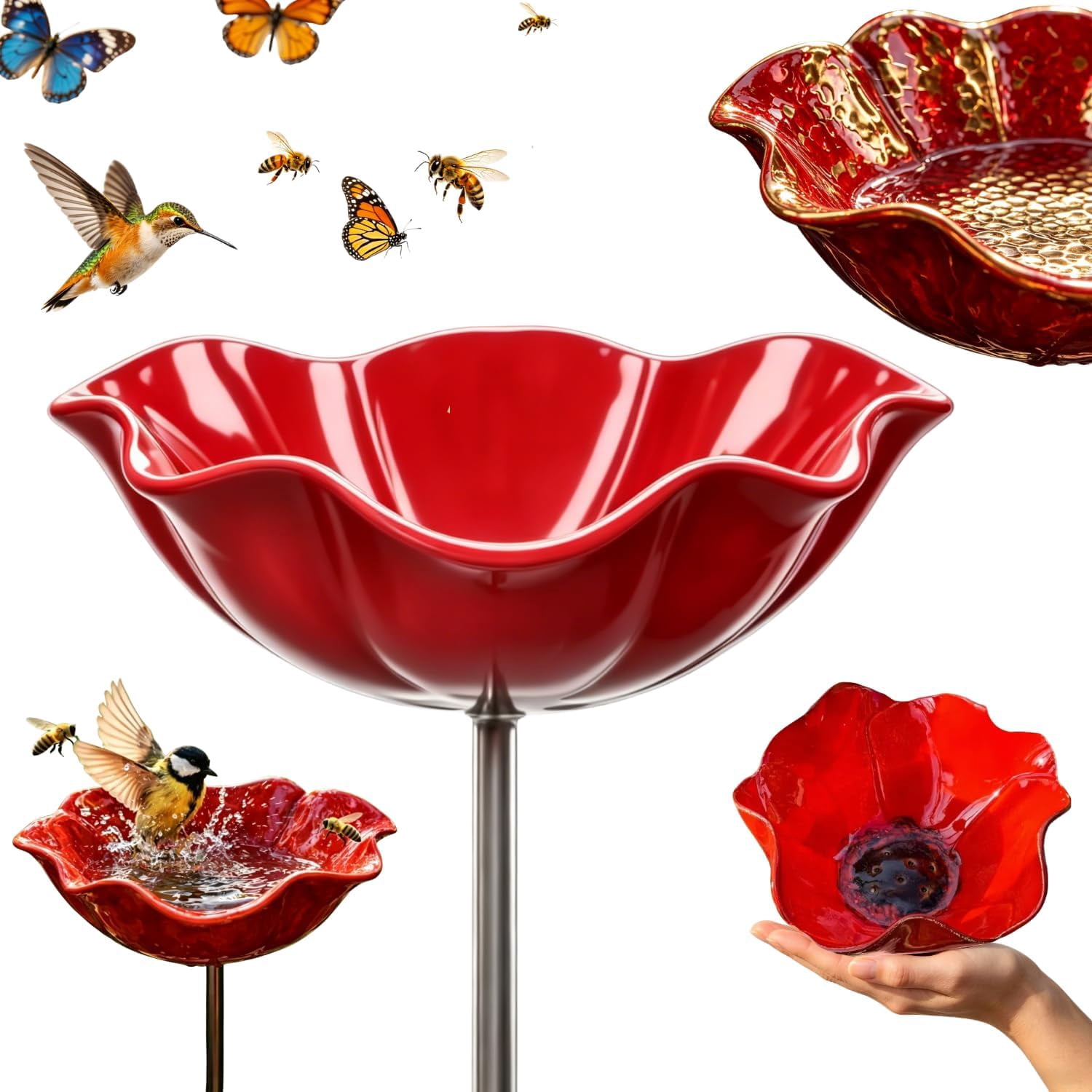 Handmade Metal Flower Garden Stake, Mini Bird Bath on Flowers Stakes for Outside, Metal Grace Yard Small Flower Bird Bath & Water Feeder Station Outdoors for Tiny Butterflies, Bees ＆ Birds (1 PC)