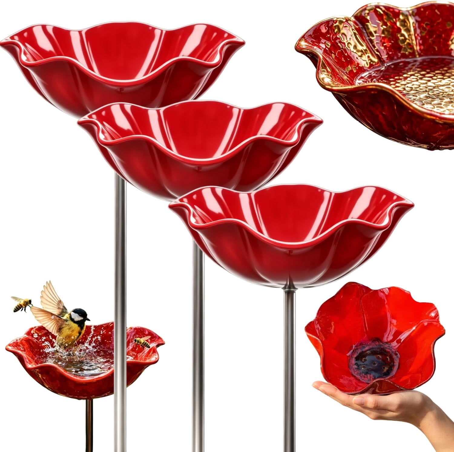 Handmade Metal Flower Garden Stake, Mini Bird Bath on Flowers Stakes for Outside, Metal Grace Yard Small Flower Bird Bath & Water Feeder Station Outdoors for Tiny Butterflies, Bees ＆ Birds (2 PCS)