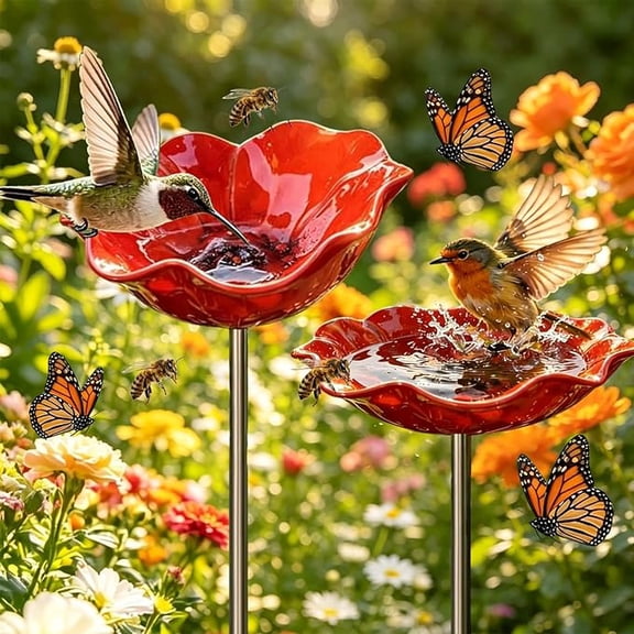 Handmade Metal Flower Garden Stake Small Bird Bath Bowl,Outdoor Pollinator Watering Station for Garden Yard,Hummingbird Fountain Butterfly Bee Water Feeder,Decorative Yard Art Ornament Gift