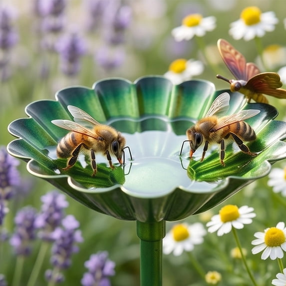 Handmade Metal Flower Garden Stake with Bee & Bird Bath – Decorative Outdoor Yard Art, Pollinator Watering Station, All Weather Garden Decor