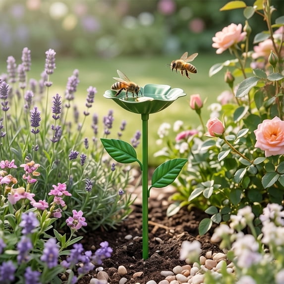 Handmade Metal Flower Garden Stake with Bee & Bird Bath – Decorative Outdoor Yard Art, Pollinator Watering Station, All Weather Garden Decor