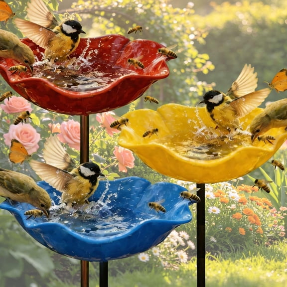 Handmade Metal Flower Garden Stakes Bird Bath, 23in Outdoor Bee Water Feeder and Pollinator Station, Multi Functional Wild Bird Feeder Bowl Tray for Yard Patio Decoration