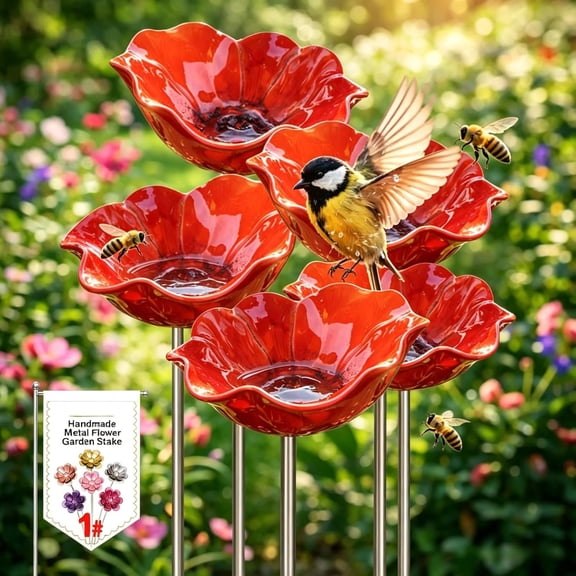Handmade Metal Flower Garden Stakes - Bird Bath & Bee Water Station,Colorful Butterfly Design for Outdoor Yard, Pollinator Feeder (5PCS)