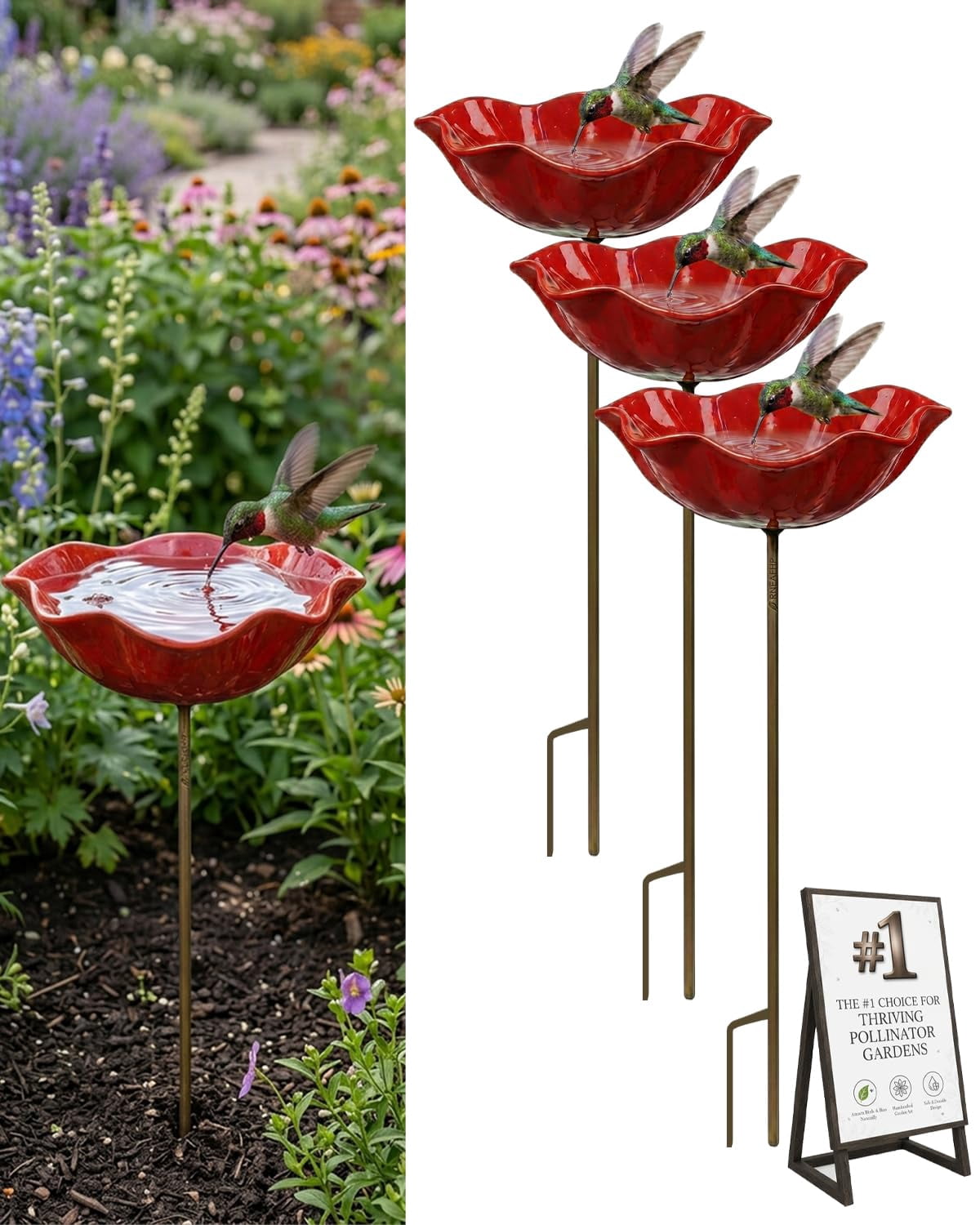 Handmade Metal Flower Garden Stakes Bird Bath Bee Watering Station for Garden Outside Pollinators Birdbaths Bowl for Decorative Outdoors Yard Art Hummingbird Fountain Butterfly Water Feeder Gift