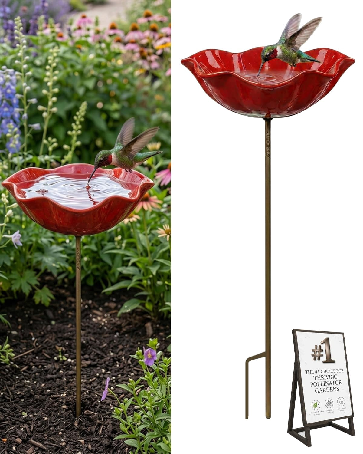 Handmade Metal Flower Garden Stakes Bird Bath Bee Watering Station for Garden Outside Pollinators Birdbaths Bowl for Decorative Outdoors Yard Art Hummingbird Fountain Butterfly Water Feeder Gift