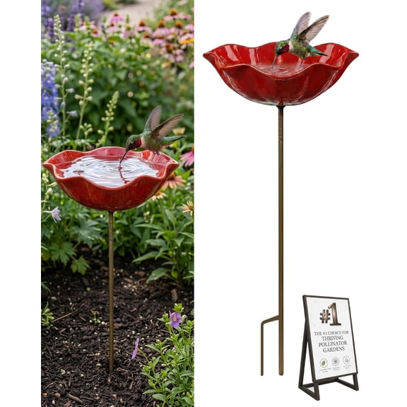 Handmade Metal Flower Garden Stakes Bird Bath Bee Watering Station for Garden Outside Pollinators Birdbaths Bowl for Decorative Outdoors Yard Art Hummingbird Fountain Butterfly Water Feeder Gift
