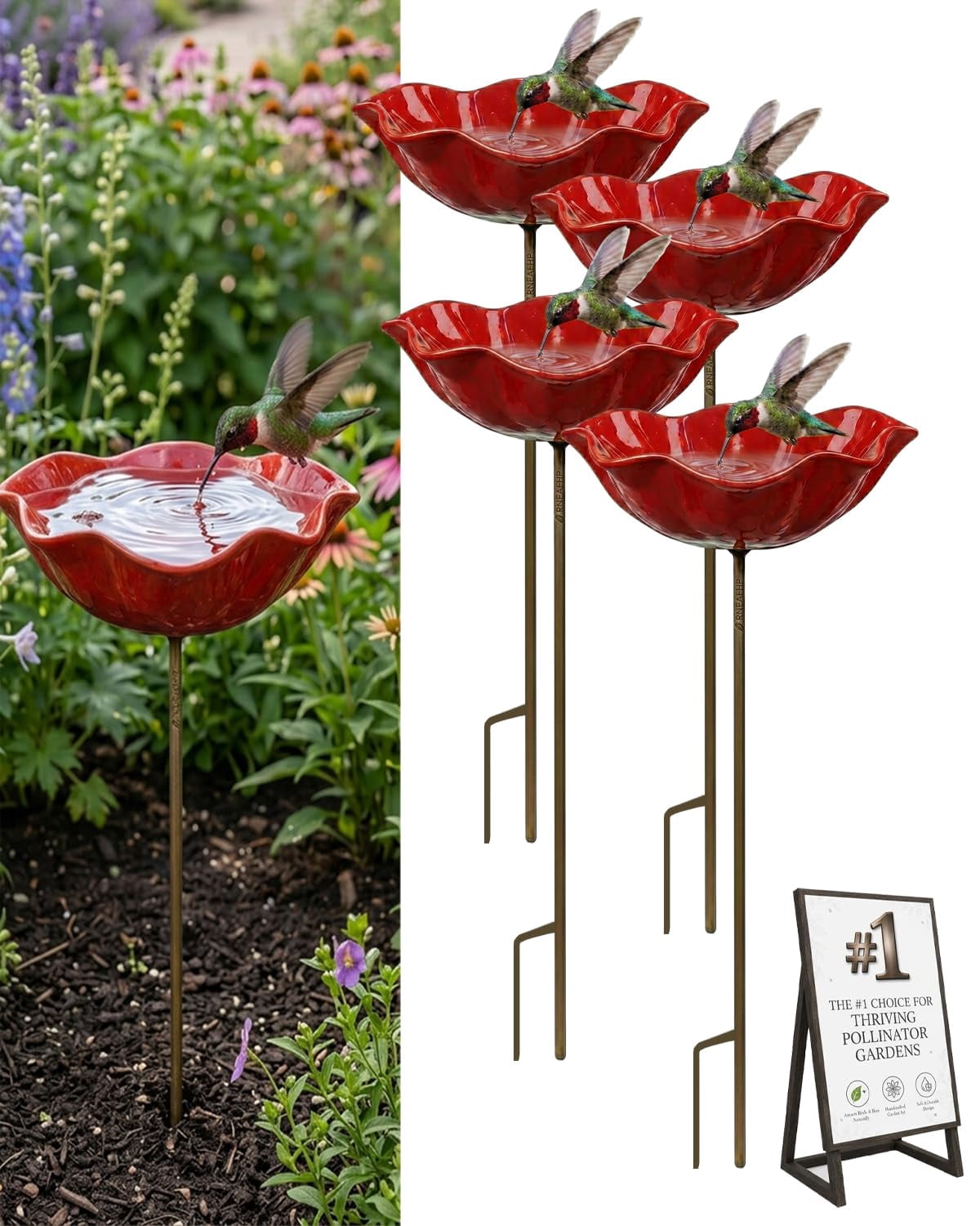 Handmade Metal Flower Garden Stakes Bird Bath Bee Watering Station for Garden Outside Pollinators Birdbaths Bowl for Decorative Outdoors Yard Art Hummingbird Fountain Butterfly Water Feeder Gift