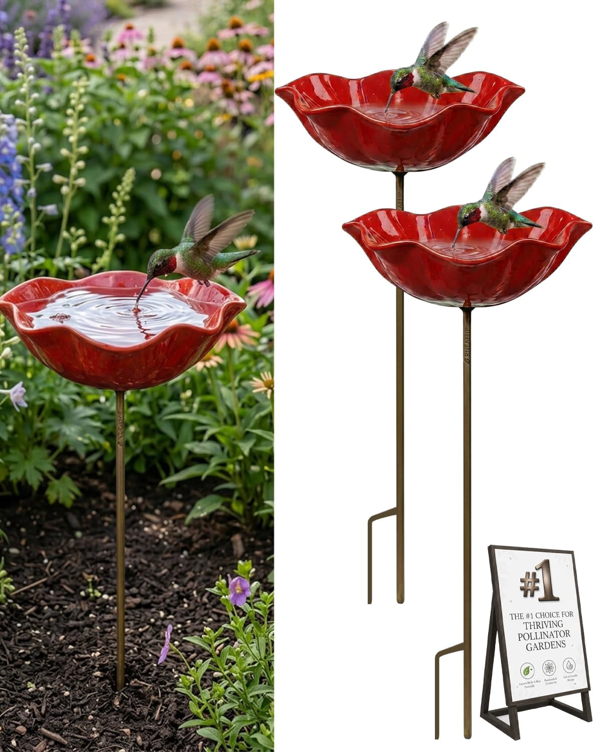 Handmade Metal Flower Garden Stakes Bird Bath Bee Watering Station for Garden Outside Pollinators Birdbaths Bowl for Decorative Outdoors Yard Art Hummingbird Fountain Butterfly Water Feeder Gift