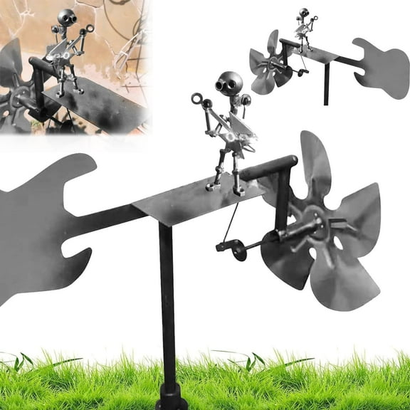 Handmade Metal Guitarist Windmill Garden Decoration, Percussionist Music Figurines and Statues, Rockin Art Figurine, Wind-Powered Kinetic Sculpture, Wind Spinners for Yard Lawn Garden Patio Decor